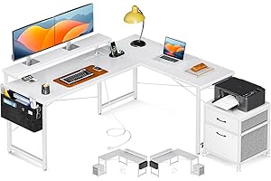 AODK L Shaped Computer Desk, 55" Office Desk with File Cabinet, Power Outlet and Adjustable Monitor Stand, Executive Home Office Furniture Set, Reversible Corner Desk with Storage Bag, White