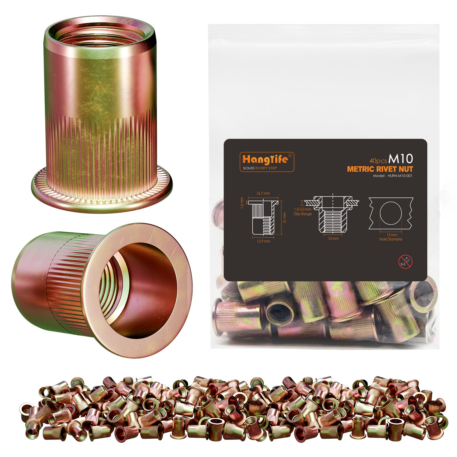 HANGLIFE Rivet Nut, M10 Metric Rivnut - Flat Head Nutserts, Zinc Plated Carbon Steel Knurled Body Threaded Insert Nuts, 40 Pieces