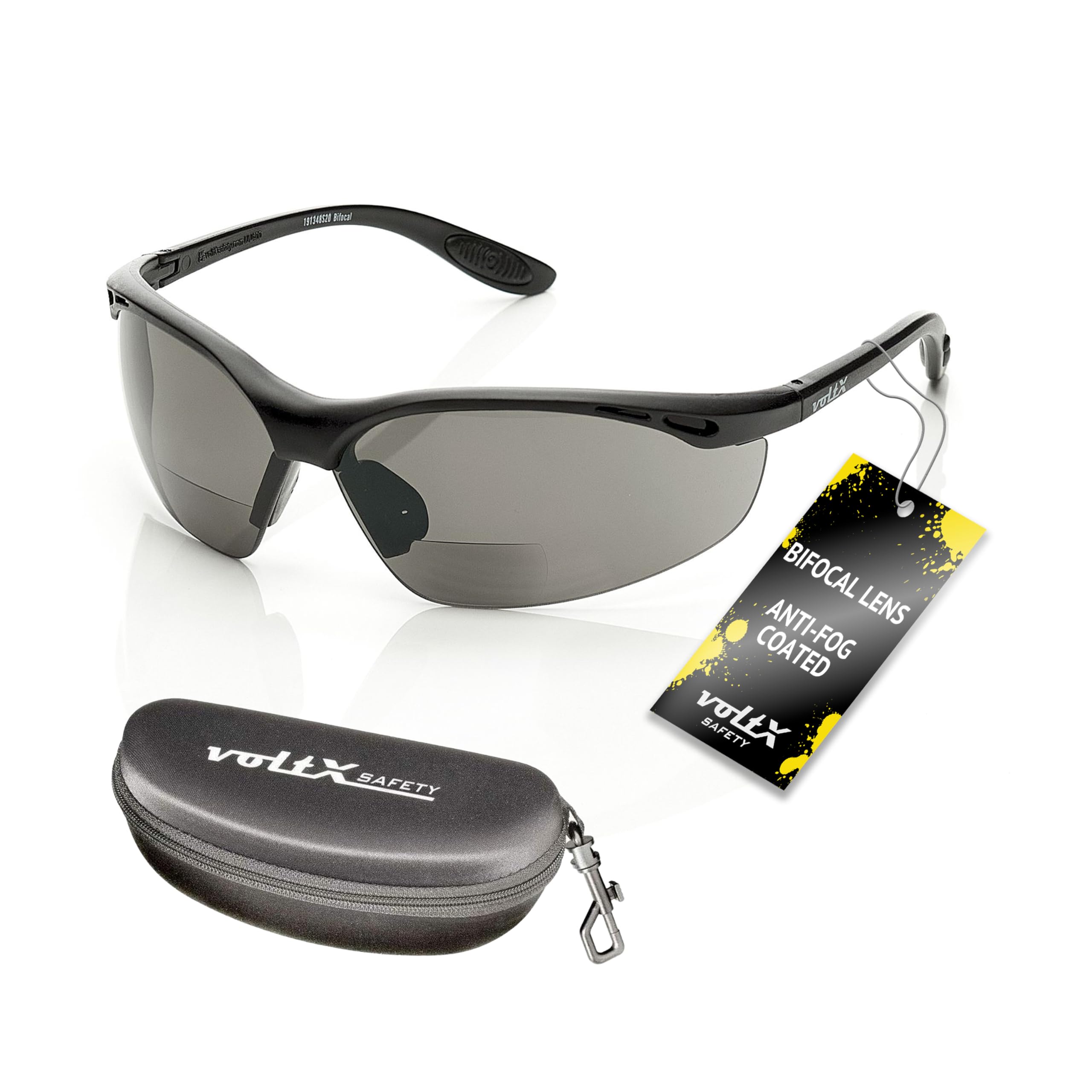 voltX 'CONSTRUCTOR' BIFOCAL Reading Safety Glasses (SMOKE/GRAY +3.5 Dioptre) UKCA & CE EN166F certified/Cycling Sports Glasses includes safety cord + Clamshell Safety Case + UV400 anti fog coated lens