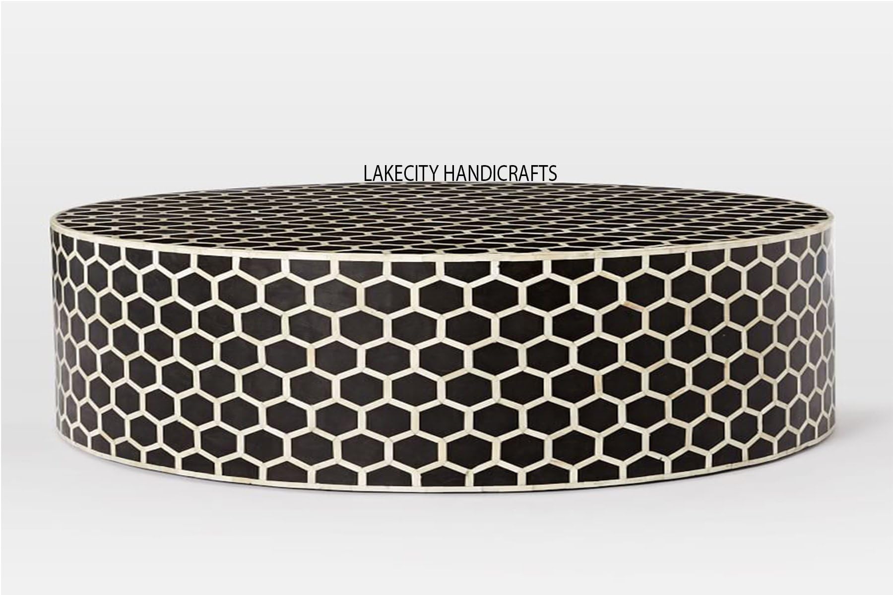 Bone Inlay Honeycomb Round Coffee Table Black Color