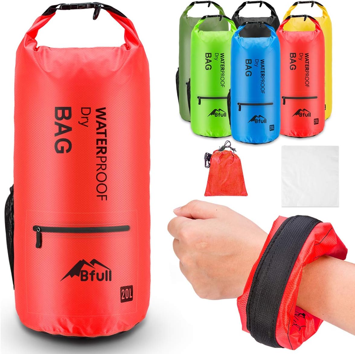 BFULL Waterproof Floating Dry Bag 5L/10L/20L/30L/40L Dry Backpack with 2 Exterior Zip Pocket for Kayaking, Rafting, Boating, Swimming, Camping, Hiking, Beach, Fishing (Orange, 5L)