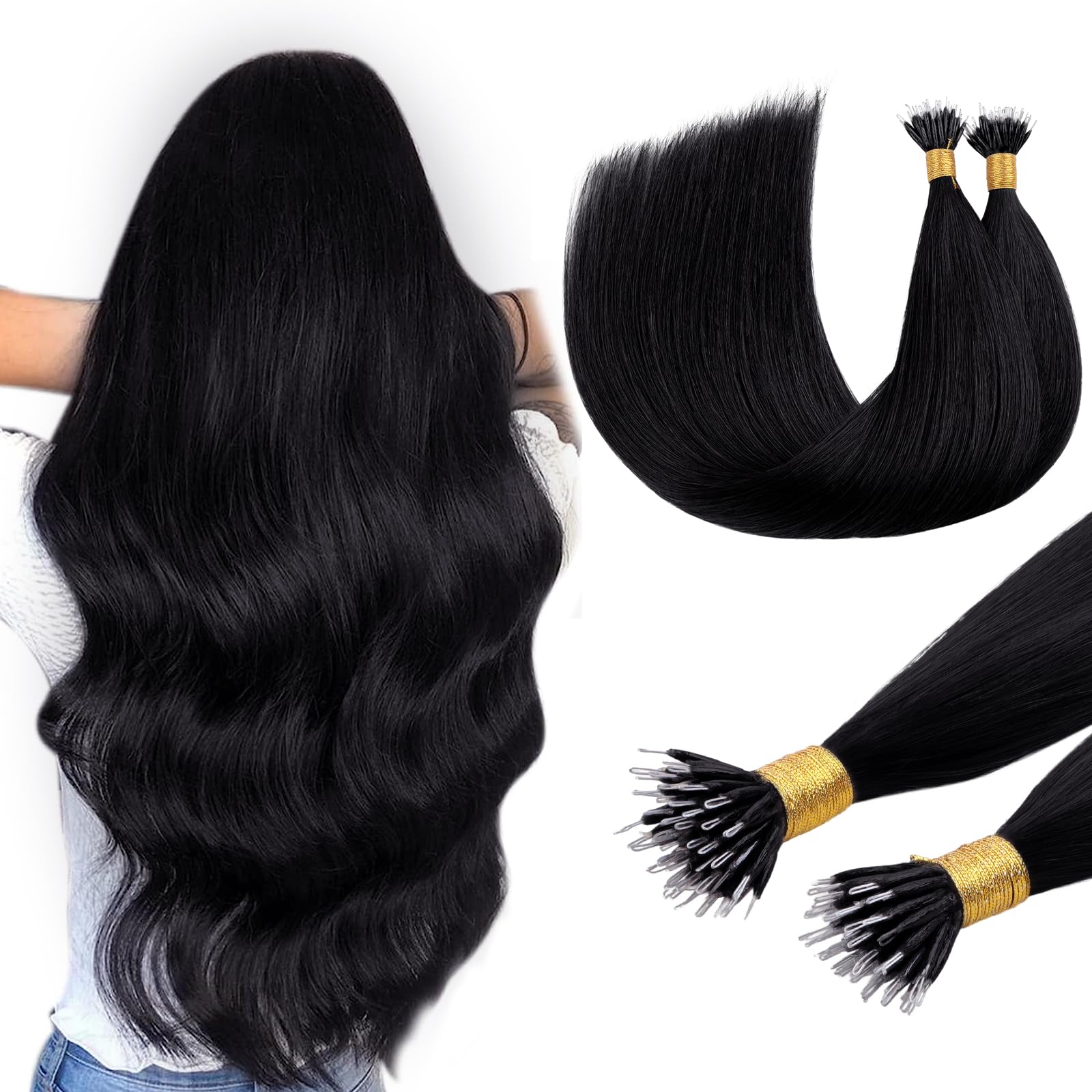 DOORES Nano Hair Extensions Real Human Hair, Jet Black 22 Inch 50g 50s, Natural Remy Nano Ring Hair Extensions Cold Fusion — image 1