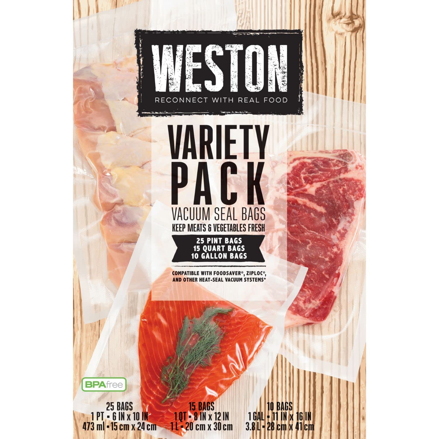 Weston Vacuum Sealer Bags, Variety Pack, 50 count, 2 Ply 3mm thick, for NutriFresh, FoodSaver & Other Heat-Seal Systems, for Meal Prep and Sous Vide, BPA Free, (30-0107-W)