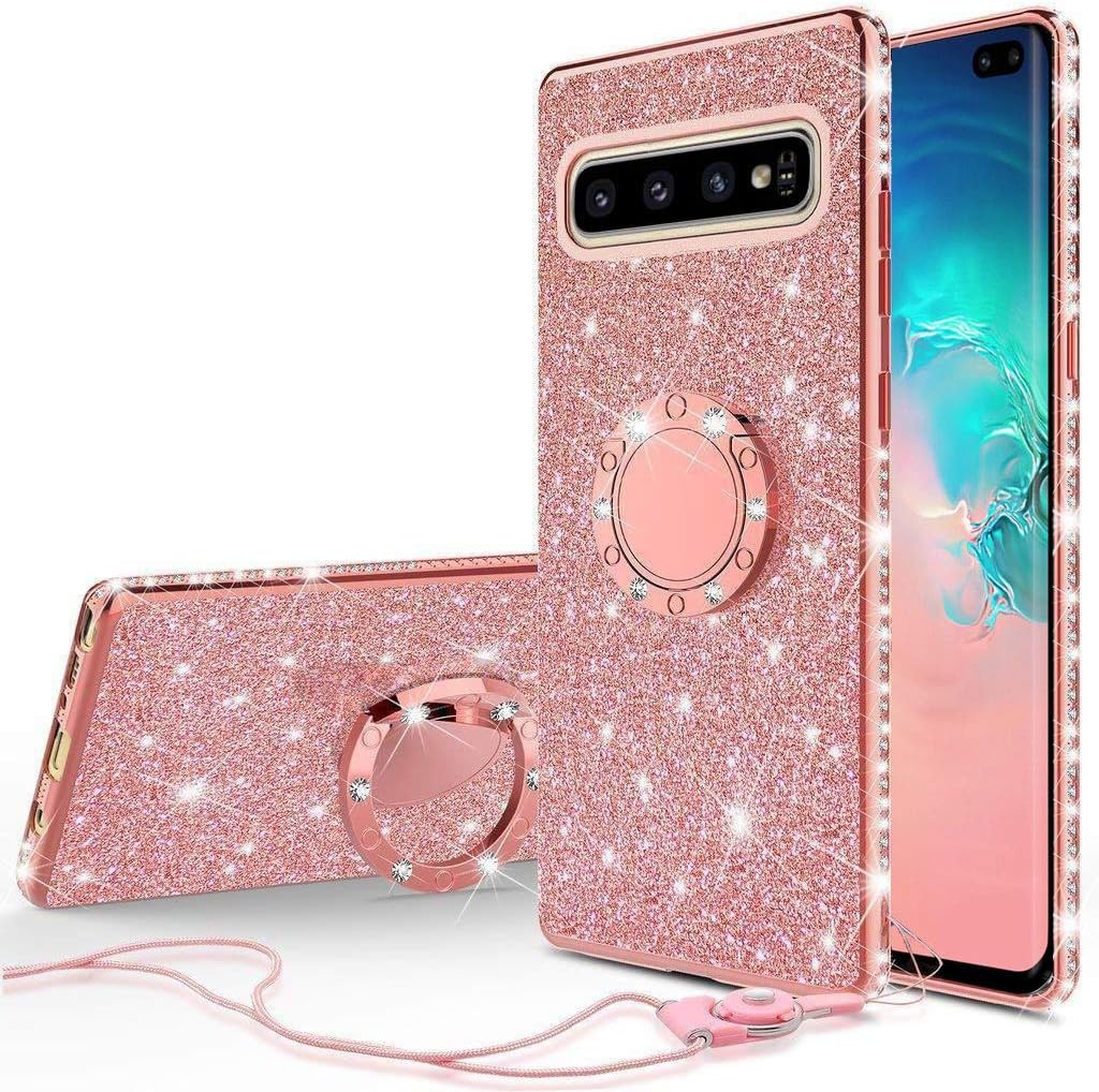 Giosio for Galaxy S10 Plus Case, Cute Shiny Rhinstone Diamond Glitter Jewel Bling Metal 360 Degree Rotatable Ring Kickstand Stand Soft TPU Cover Ultra Slim Shockproof with Lanyard for Girls and Women