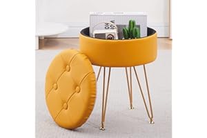 Cpintltr Footrest Footstools Round Faux Leather Ottoman with Storage Space Soft Vanity Chair with Memory Foam Seat Small Side Table Hallway Step Stool Metal Legs with Adjustable Footings Ginger