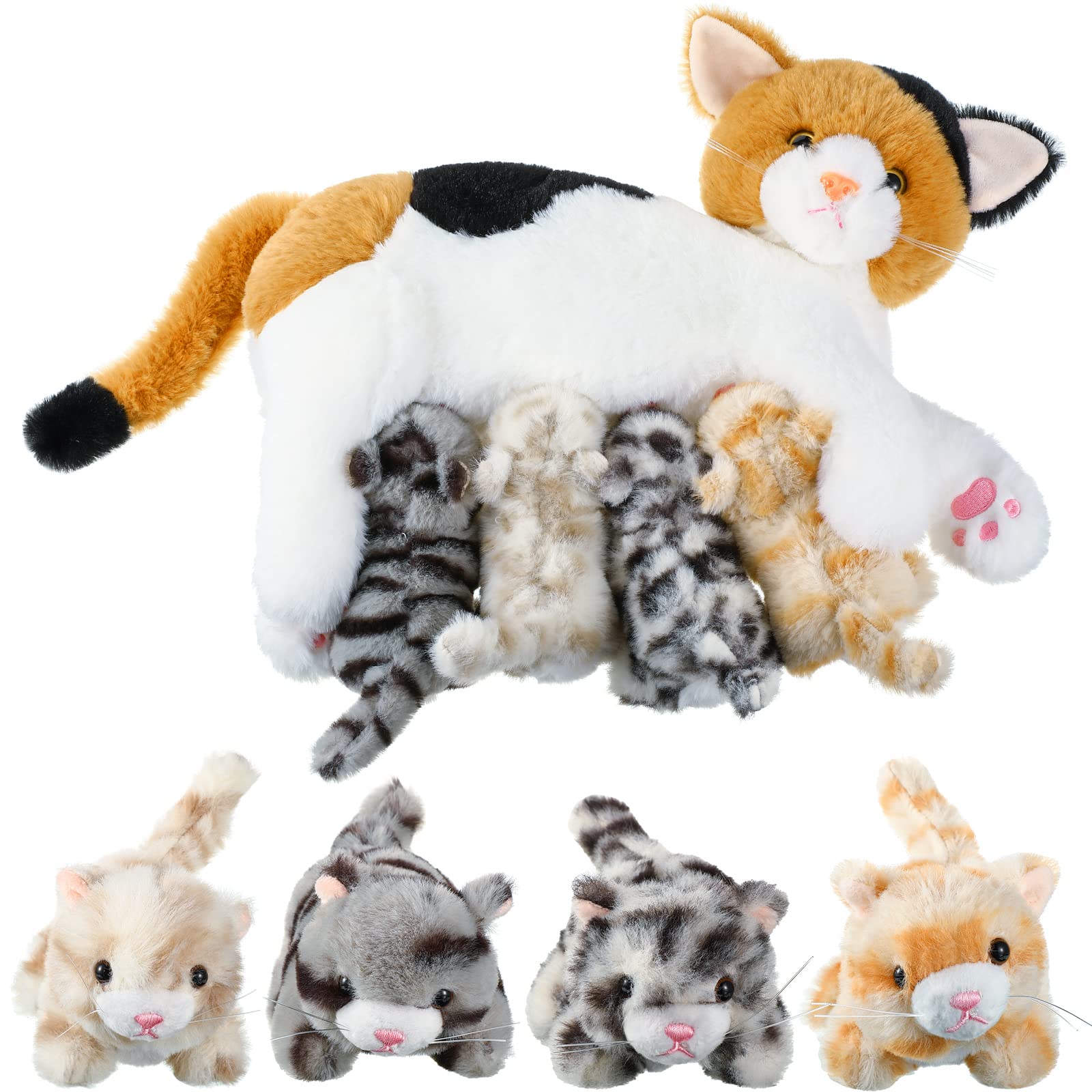 Skylety Nurturing Cat Stuffed Animal with 4 Plush Kittens, Cats Baby Stuffed for Girls Boys Plushy Mommy Kitty with Baby Kittens for Birthday Party Favors Gifts(Lovely Style)