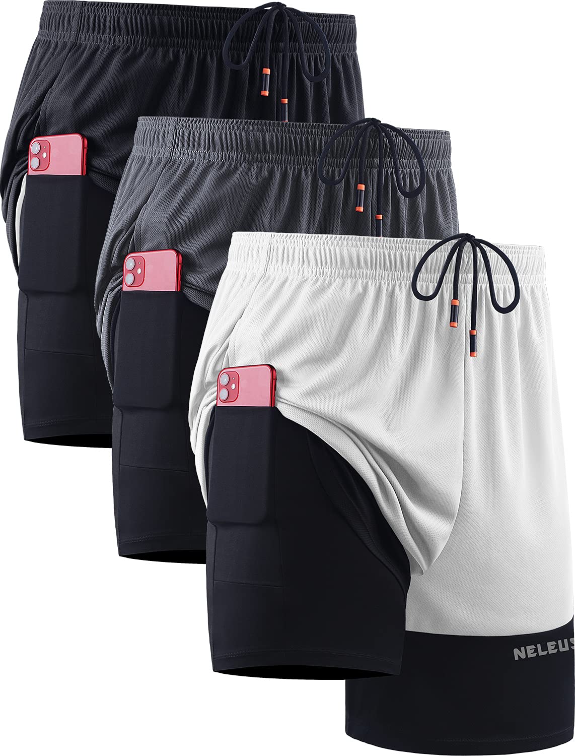 Photo 1 of **MISSING BLACK SHORTS** NELEUS Men's 2 in 1 Running Shorts with Liner,Dry Fit Mesh Gym Workout Shorts with Pockets,3 Pack,6094,Black/Grey/White,L