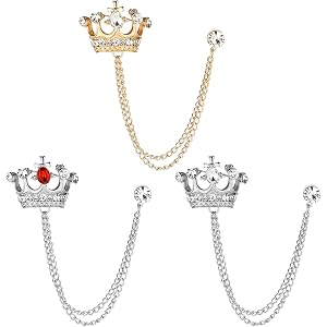 3Pcs Men's Crown Hanging Chain Brooch Lapel Pin with Stone Detailing, Vintage Rhinestone Suit Pin Wedding Brooch for Men Suit