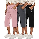 Neer 3 Pack Women's Capri Pants, Wide Leg Basic Sweatpants Lounge Loose Fit Casual Drawstring Yoga Capris with Pockets