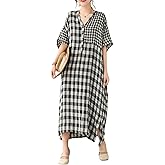 chouyatou Women's Summer Casual Loose Linen Dress Oversized Plaid Gingham Splicing Midi Cotton Dress