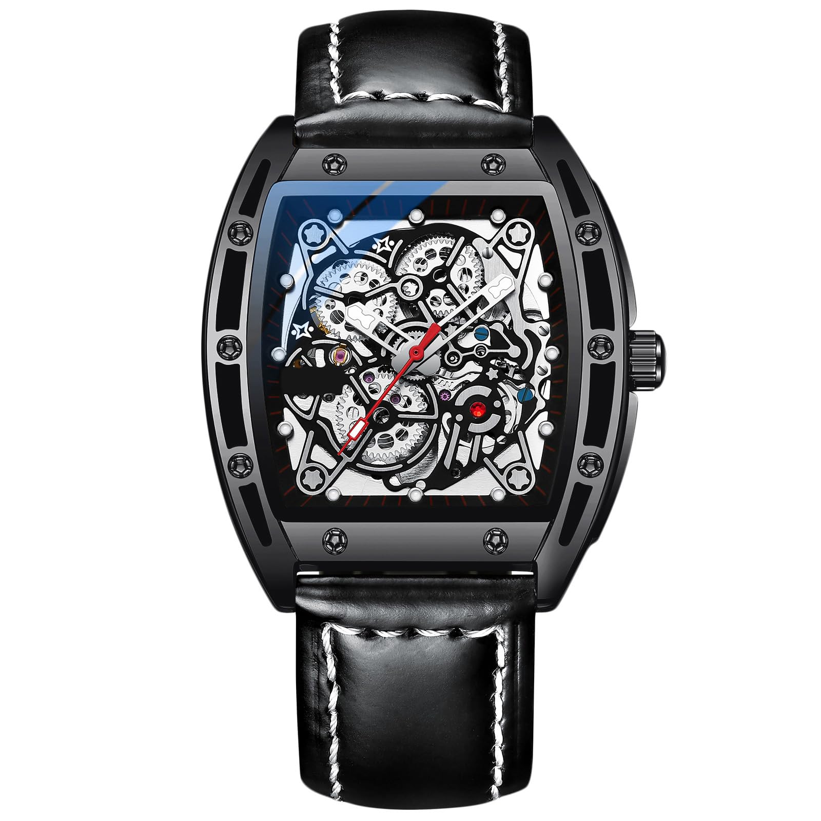 RORIOS Men's Automatic Mechanical Watch Skeleton Wrist Watches Luminous Watch with Leather Strap Tonneau Self-Wind Watch