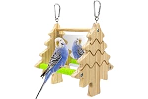 JEVND Bird Mirror Toy Perch, 2-Sided Hd Parakeet Mirrors & 2 Cotton-Wrapped Perches for Multiple Birds, Wooden Frame Hanging Parrot Swing for Cage, Safe No Sharp Edges Bird Toy for Budgie Lovebird Cockatiel