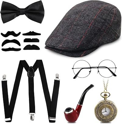 Grantop 1920s Gatsby Mens Costume Kit Panama Hat Suspenders Pocket Watch