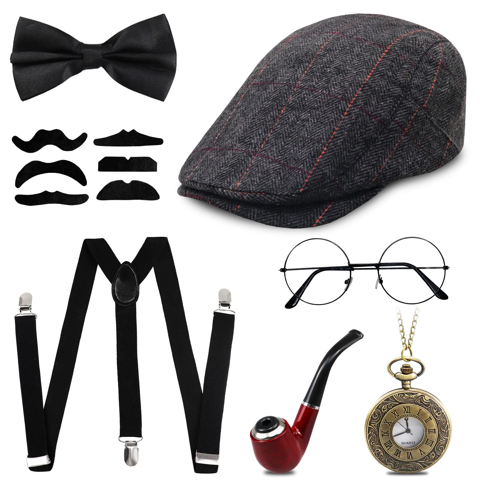Grantop 1920s Gatsby Costume for Men,1920s Men Fancy Dress Accessories Set,Retro Gangster Costume Kit with Panama Hat Elastic Suspenders Mustache Pocket Watch Cigar (Style-1) — image 1