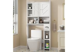 Shintenchi Over The Toilet Storage Cabinet, Bathroom Storage Cabient with Barn Doors, Bathroom Storage Shelf Organizer with Toilet Paper Holder, Adjustable Shelf and Anti-Tip Device, White