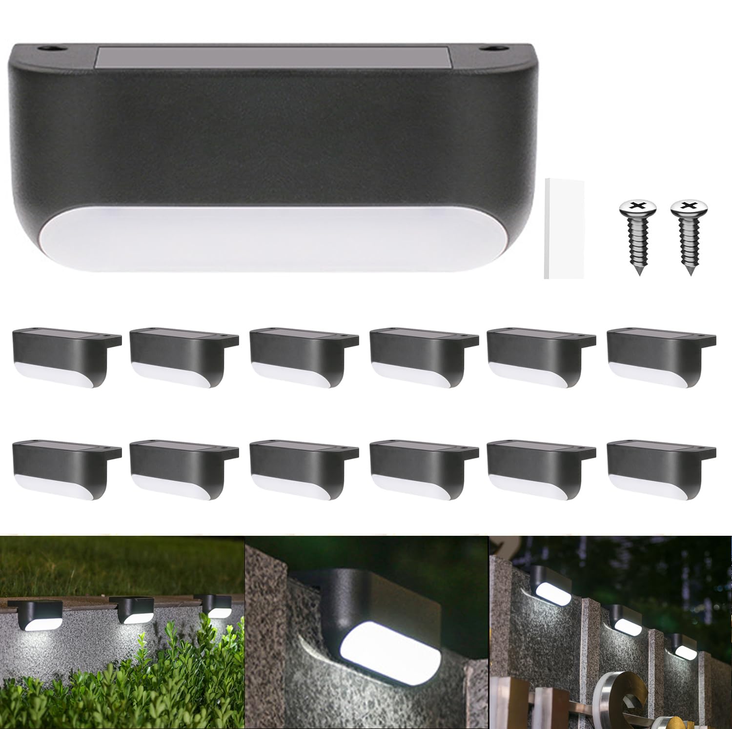 XhuangTech Solar Deck Lights Outdoor, Extended Solar Step Lights Waterproof LED Solar Powered Outdoor Lights for Deck Stair Fence Railing Wall Garden Backyard Pond Pathway (White, 12 Pack)