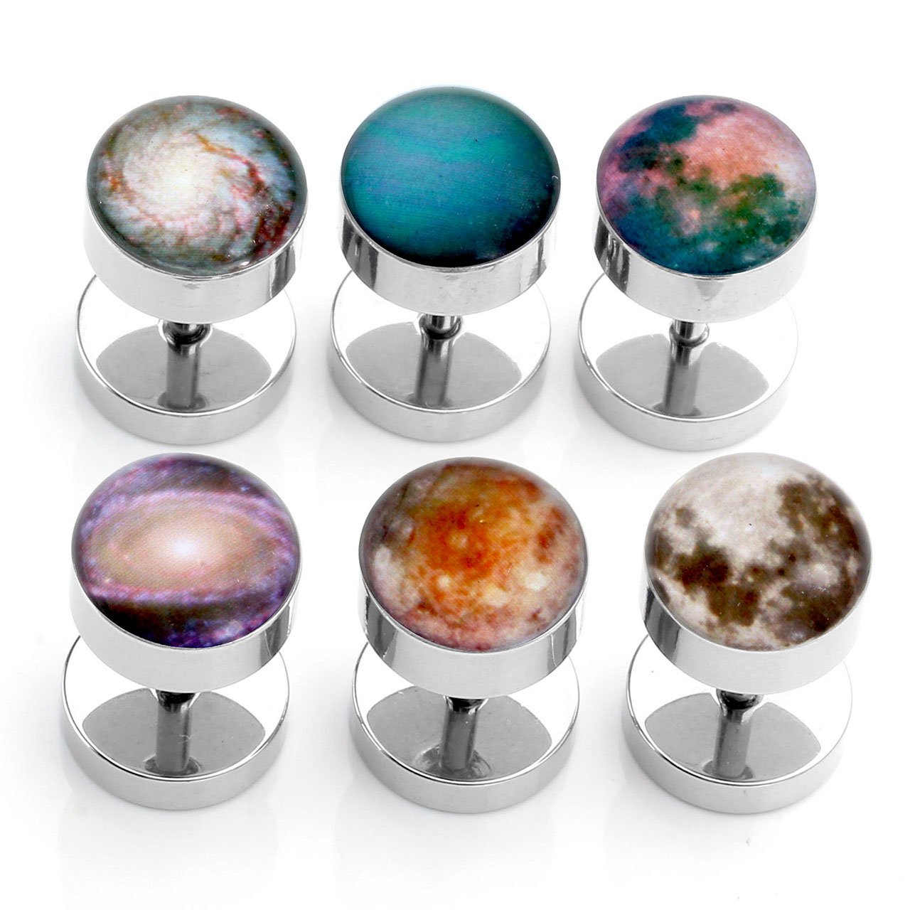 PiercingJ - Faux 12PCS Clou Boucle d\'Oreille Galaxie Univers Planete Haltere Barbell Rond Motif Tunnel Expandeur Ecarteur Acier Inoxydable Plug Flesh Punk Rock Unisexe 8mm - Set#01
