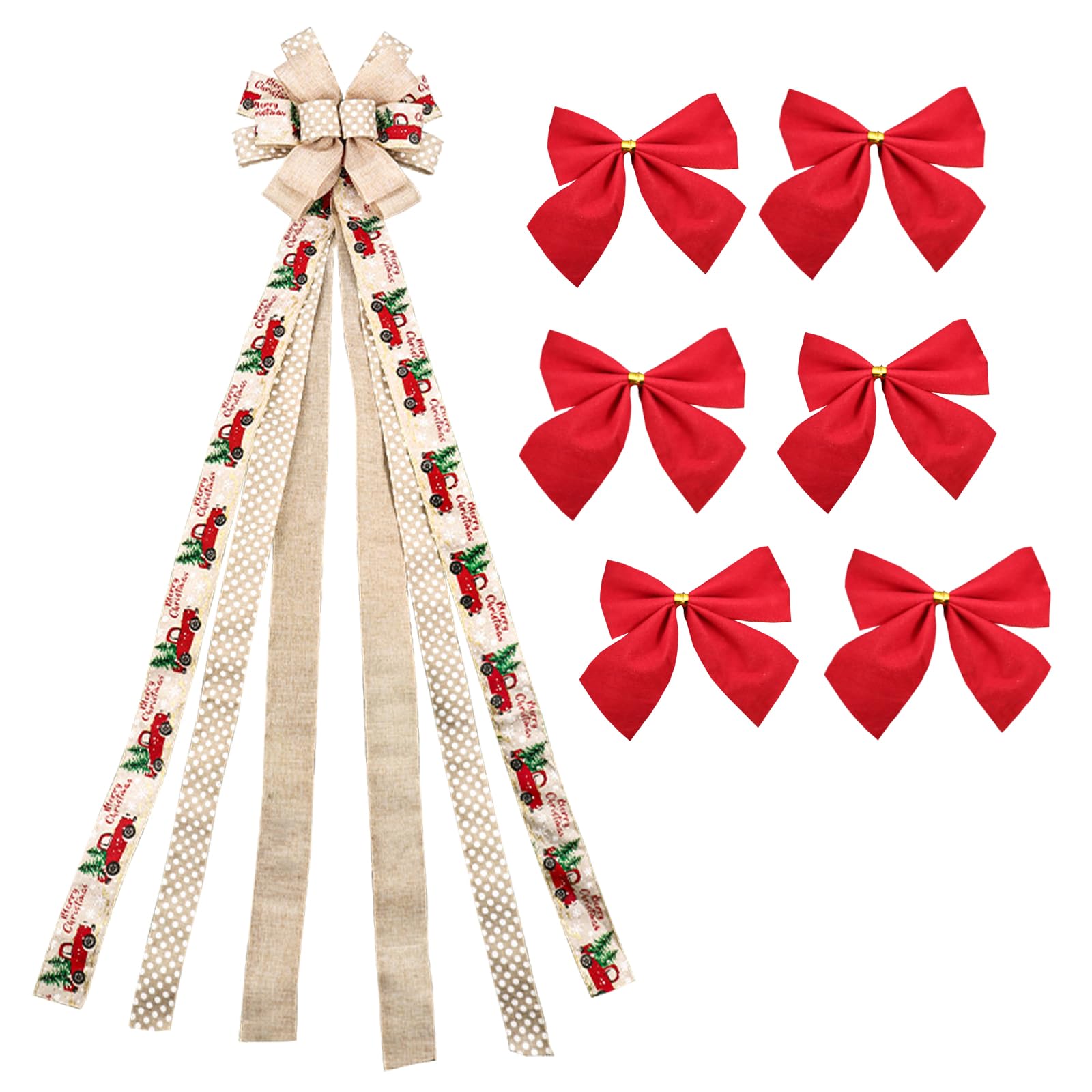 Christmas Tree Topper, 51x13 Inch Topper Bow, with Glitter Ribbon, Christmas Streamers and Red Checkered Ribbon, Christmas Tree Topper Bow for Christmas Home Decoration