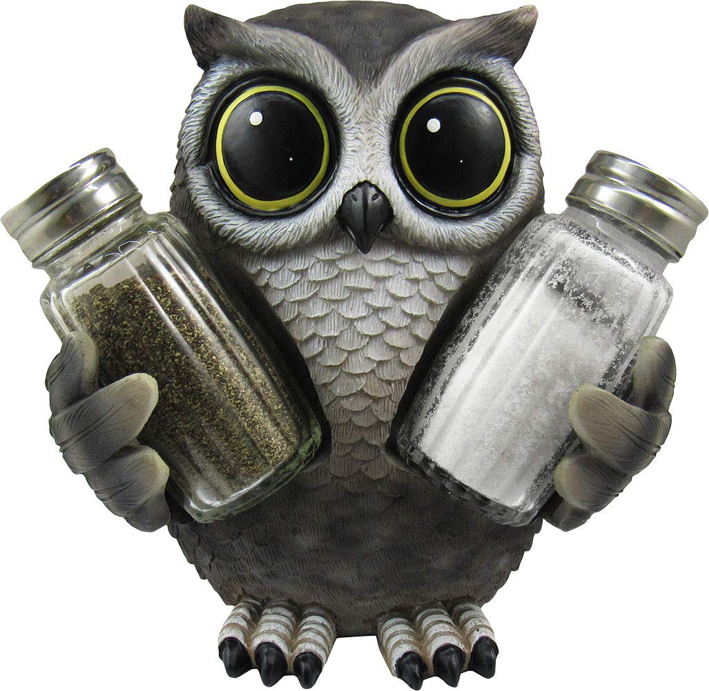 DWK - Little Hoot's Spice - Collectible Owl Salt & Pepper Shaker with Figurine Owl Holder Home Décor Kitchen Accessory Dining Accent 3-Piece Set, 5.6-inch