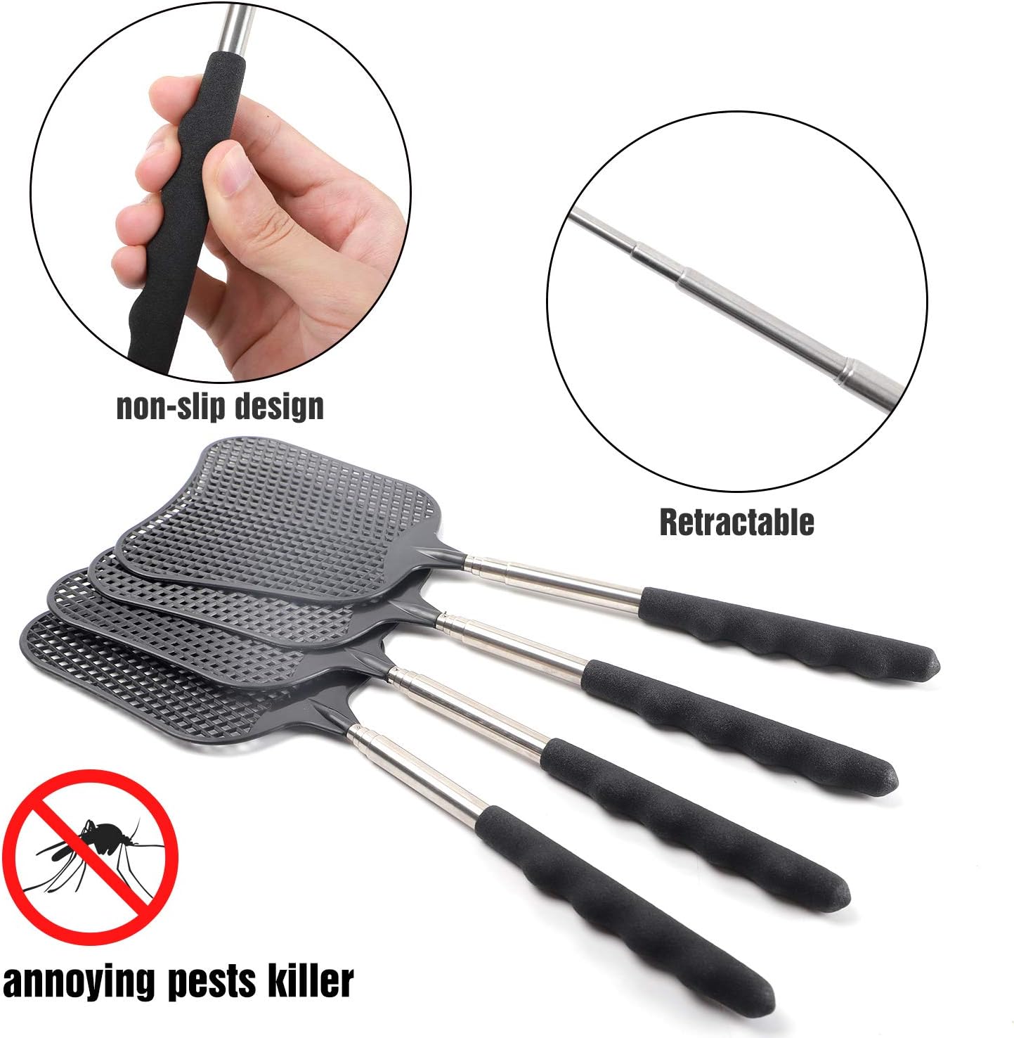 STUHAD 4 Pack Retractable Fly Swatters Heavy Duty Set, with Durable Telescopic Stainless Steel Handles, for Home, Classroom and Office: Garden & Outdoor