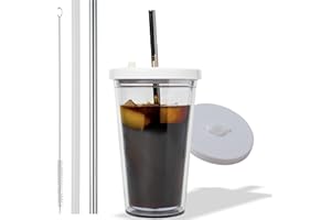 Reusable Iced Coffee Cup (16 Oz/Grande), Leak Proof and Double Wall Insulated Iced Coffee Tumbler, Come with Reusable Plastic