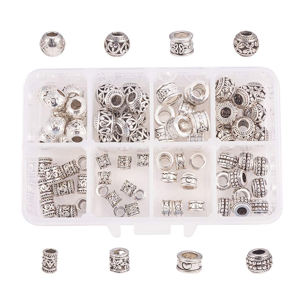 NBEADS 80 Pcs European Beads, Alloy Beads Spacer Beads for Bracelet Jewelry Making Dreadlocks Braiding Hair Decoration Accessories, Mixed Shapes, Antique Silver