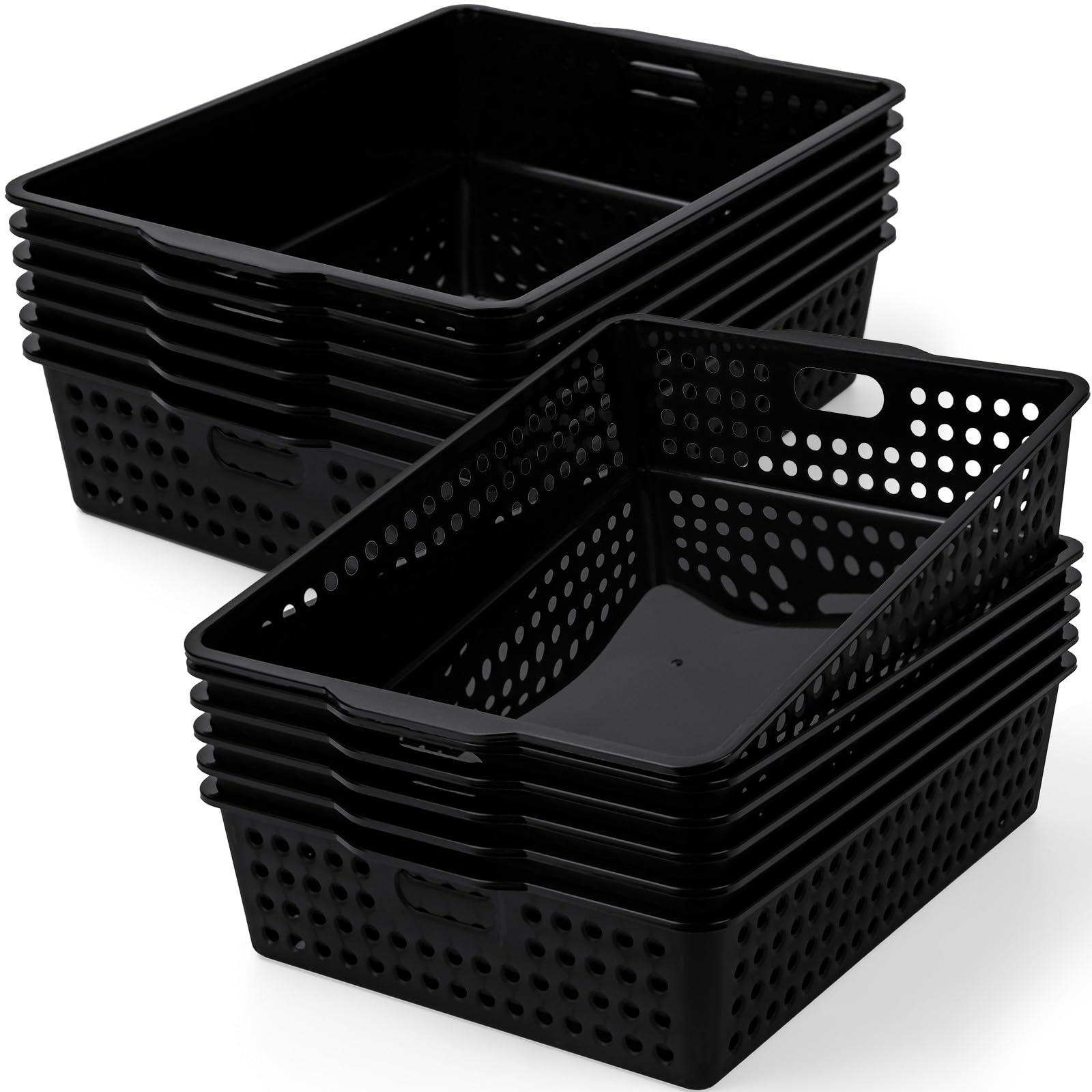 Photo 1 of 12 Pcs Plastic Storage Baskets Bulk 14 x 10 In Stackable Storage Bin with Handles A4 Size Desktop File Letter Organizer Tray Multi-purpose Container for Shelve Desktop Classroom Office Home Playroom