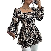 WDIRARA Women's Floral Print Square Neck Long Flounce Sleeve Blouse Ruffle Hem Peplum Top