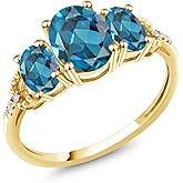 Gem Stone King 10K Yellow Gold London Blue Topaz and Diamond Accent 3-Stone Engagement Ring | 2.70 Cttw | 3 Stone Wedding Anniversary Promise Ring For Women | Size 5-9.5