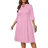 Runwind Plus Size Dresses for Curvy Women, V-Neck 3/4 Sleeve Semi-Formal Fall Church Wedding Guest Cocktail Party Midi Dress