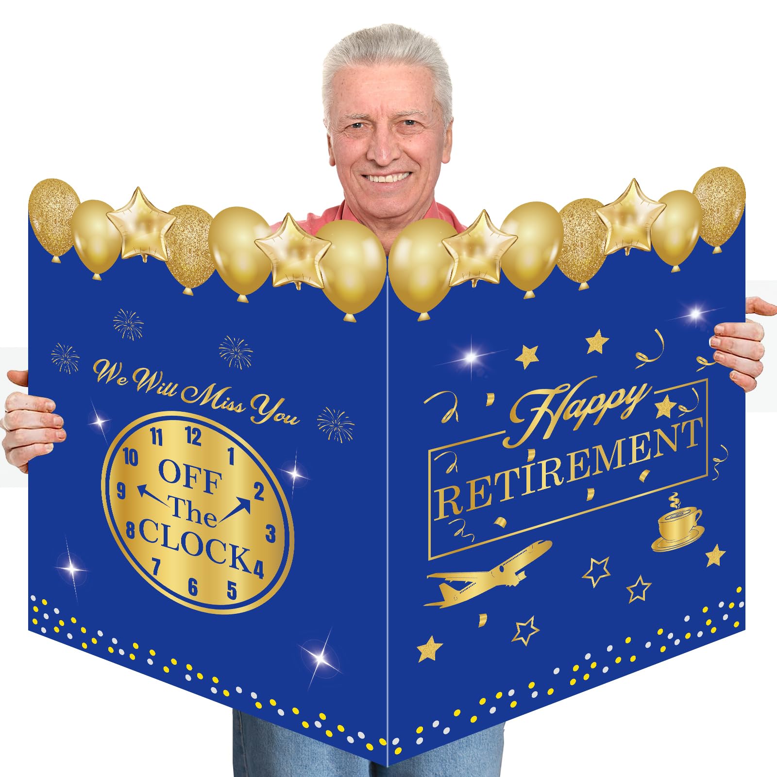 Photo 1 of Jumbo Retirement Party Decorations,Extra Large Retirement Card for Men Women, Giant Farewell Happy Retirement Greeting Card Signature Guest Book for Coworker Retirement Party Supplies Decor-Blue Gold