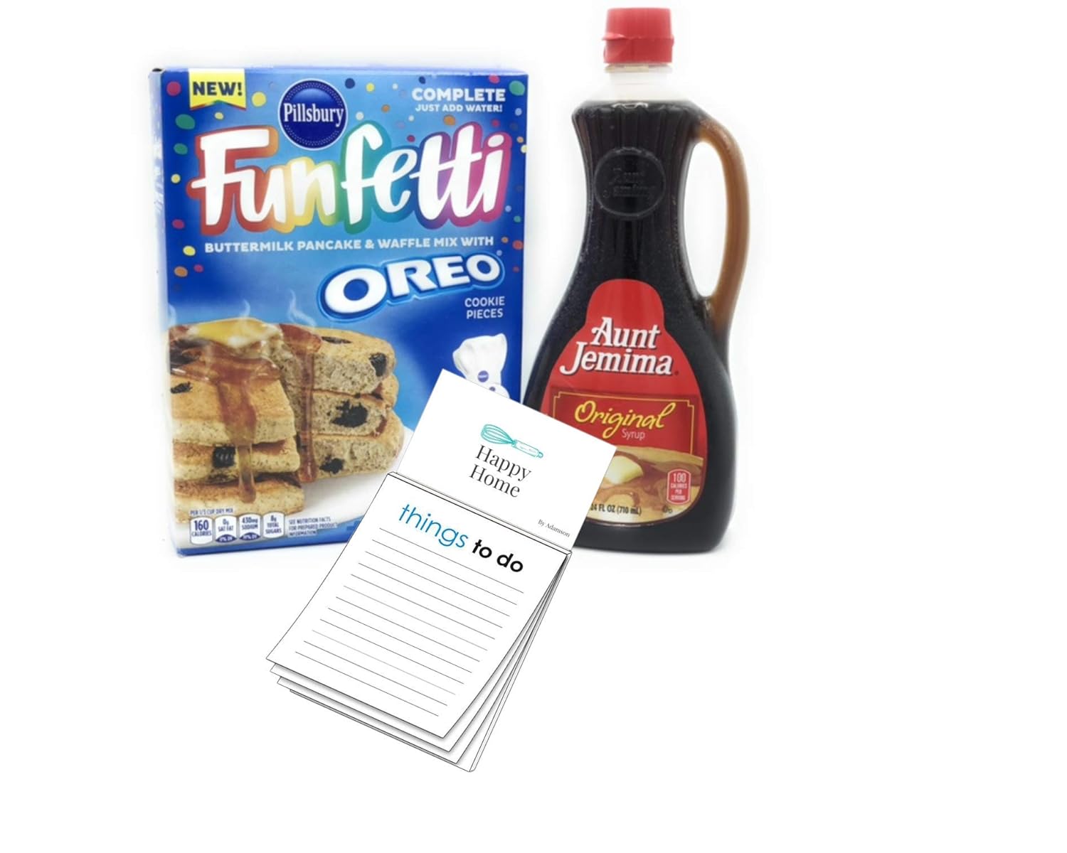NEW 1 Pillsbury Funfetti OREO Pancake & Waffle Mix| 1 Aunt Jemima Original Maple Syrup 24fl oz| 1x Happy Home 50 page Magnetic Things to do Notepad