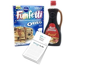 NEW 1 Pillsbury Funfetti OREO Pancake & Waffle Mix| 1 Aunt Jemima Original Maple Syrup 24fl oz| 1x Happy Home 50 page Magnetic Things to do Notepad