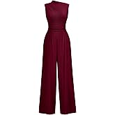 Miusol Women's Casual Sleeveless Mock Neck Ruched Wide Leg Jumpsuit Summer Formal Long Romper with Pockets