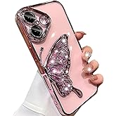 Changjia for iPhone 16 Plus Glitter 3D Butterfly Case,Cute Luxury Bling Sparkle Liquid Flowing Clear Case with Camera Lens Protector Plating Bumper Women Girls Case for iPhone 16 Plus 6.7 Inch (Pink)