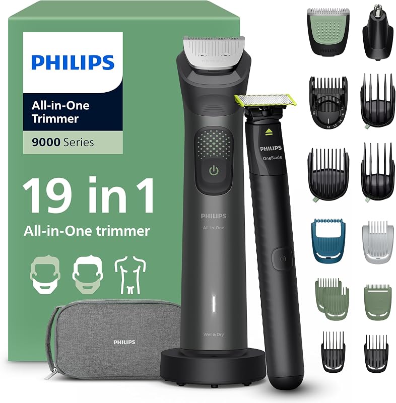 Multigroom Series 9000 All-in-One 19-teiliger Barttrimmer und Haarschneider + OneBlade-Trimmer - Komplettes Pflegeset für Gesicht, Kopf & Körper, 27 Längeneinstellungen (0,2-20 mm), MG9556/15