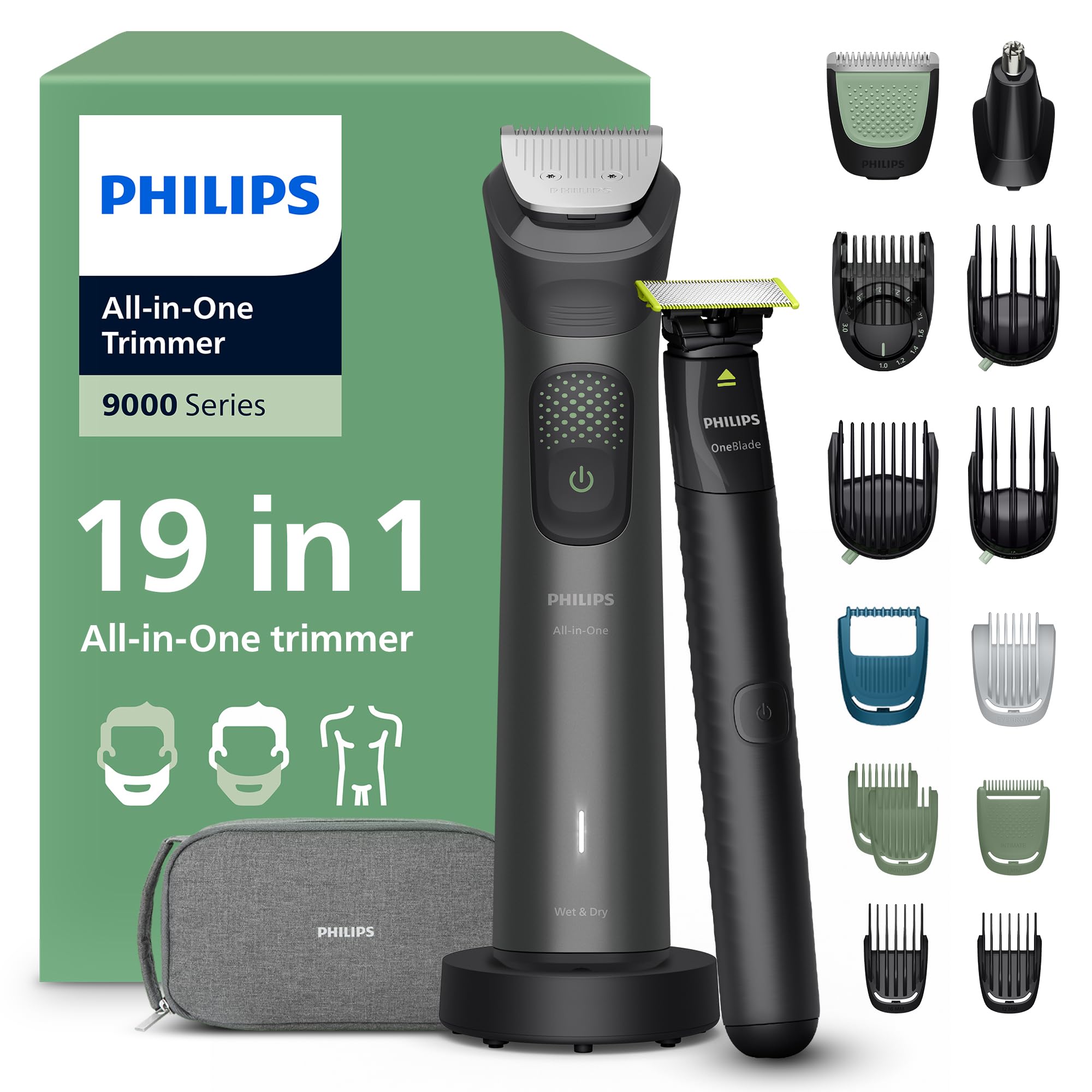 Philips Multigroom série 9000 Tondeuse tout-en-un 19 accessoires + rasoir OneBlade pour hommes – ensemble tondeuse/rasoir pour barbe, cheveux et corps, 27 hauteurs de coupe (0,2-20 mm), MG9556/15