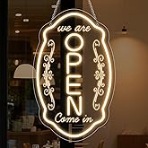LED Neon Open Sign for Business, 16.5x10'' Come in We’re Open Sign, Warm White Adjustable Brightness Neon Lights for Party, Bar, Salon, Stores, Hotel, Wall Decor, Clubs, Hotels, Vertical
