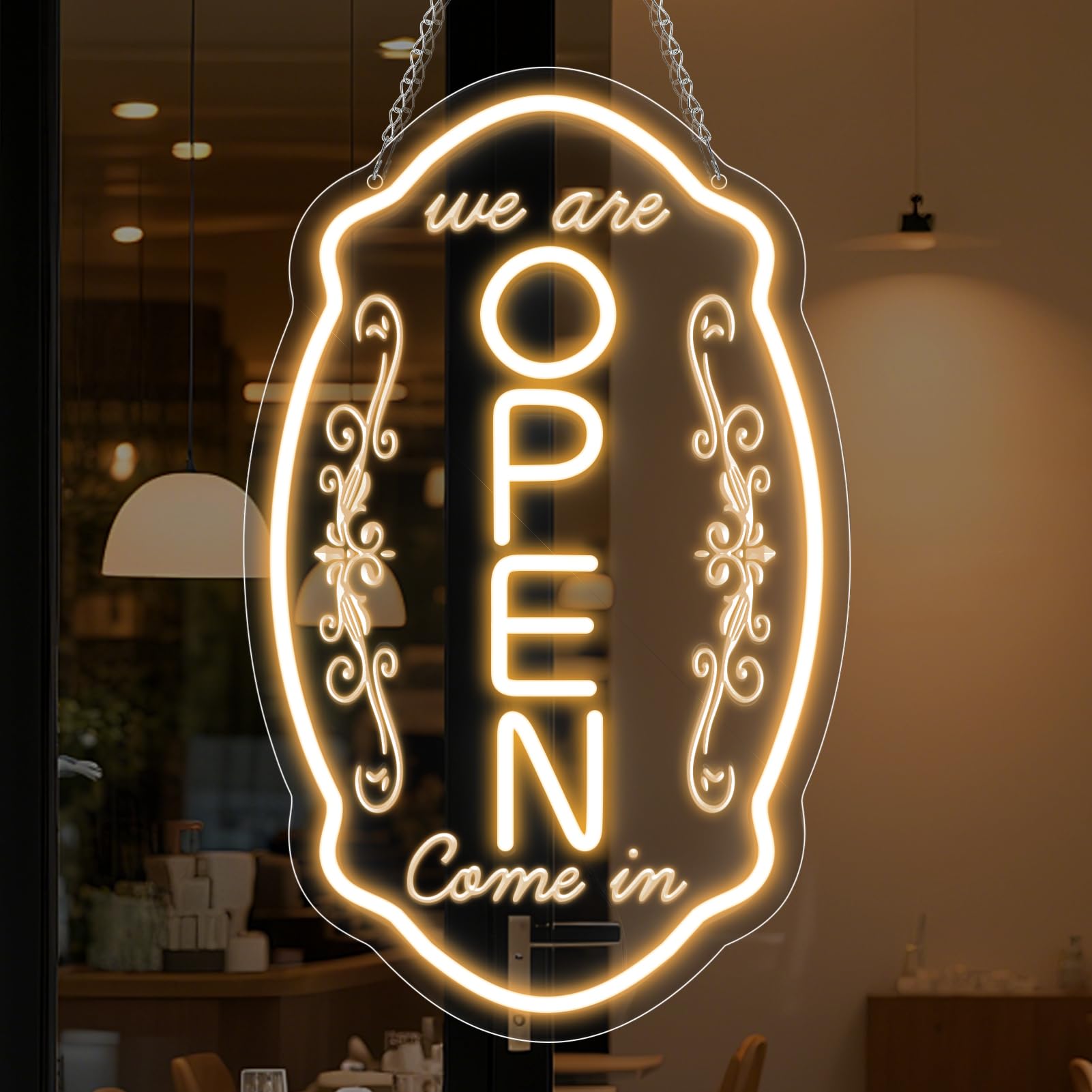 Photo 1 of LED Neon Open Sign for Business, 16.5x10'' Come in We’re Open Sign, Warm White Adjustable Brightness Neon Lights for Party, Bar, Salon, Stores, Hotel, Wall Decor, Clubs, Hotels, Vertical