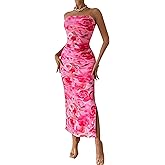 PRETTYGARDEN Women's Summer Wedding Guest Dress Strapless Tube Top Maxi Bodycon Long Floral Mesh Beach Vacation Party Dresses