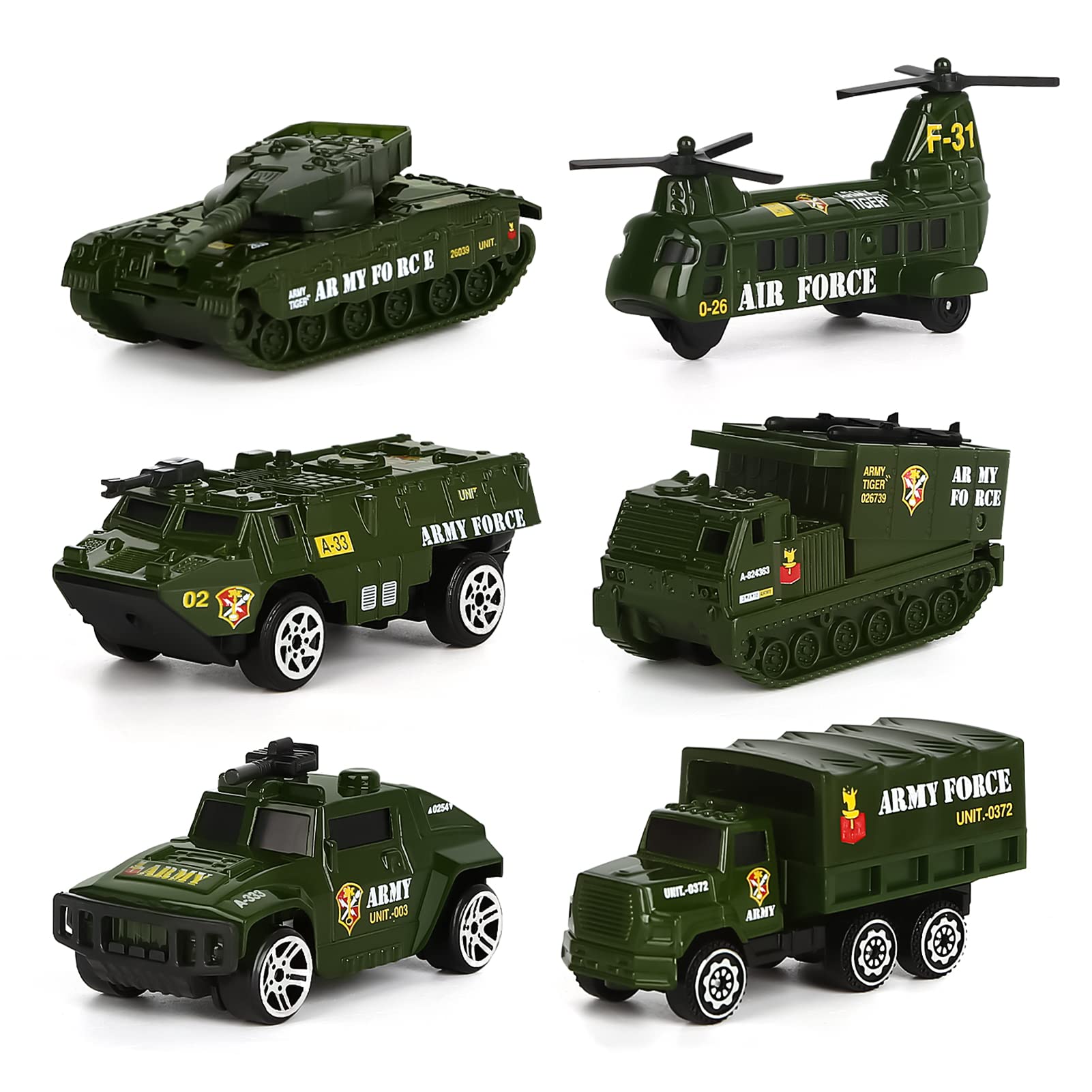 Alloy Military Truck Set Mini Pocket Size Models Play Vehicles Toy Party Favors Cake Decorations Topper Birthday Gift for Kids Boys Girls, 6Pcs Set