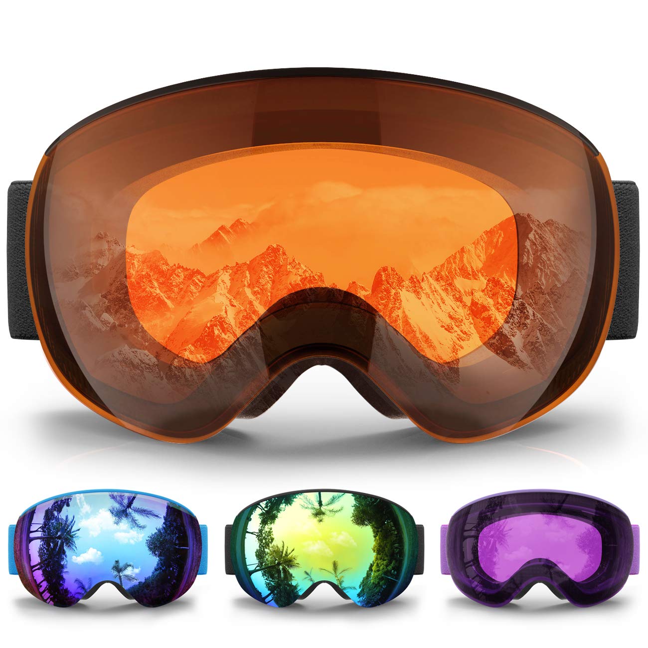 Findway Kids Ski Goggles, Anti Fog Snowboard & Skiing Goggles, Magnetic Interchangeable Lens, Spherical Mirrored Lens, Frameless OTG, Black/Orange