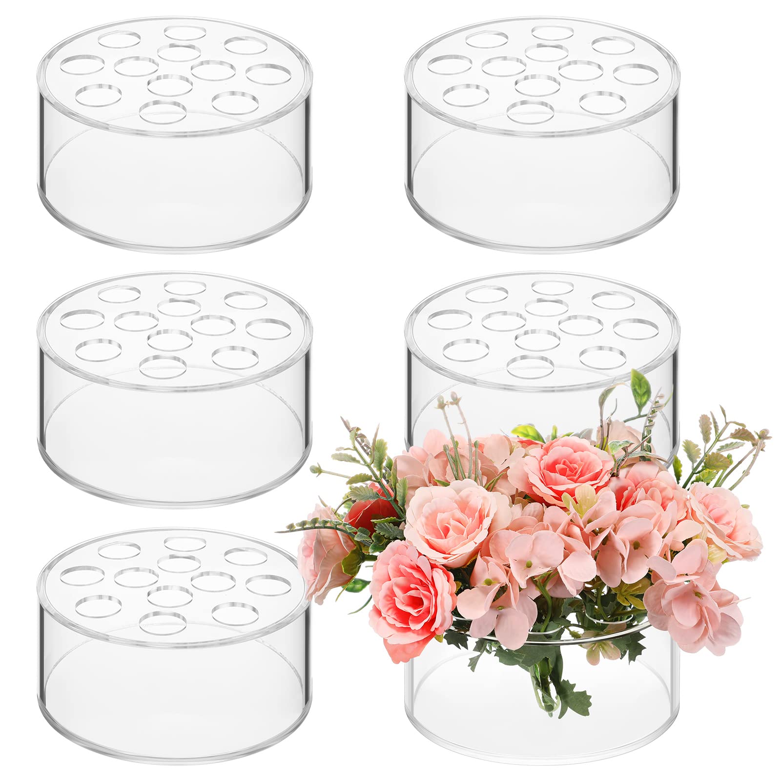 Photo 1 of Tanlade Acrylic Floral Centerpiece for Dining Table Decorations Wedding Round Flower Vase Centerpiece Vases Table Low Flower Holder with Holes for Home Birthday Party(6 Pcs,5.51 Inches)