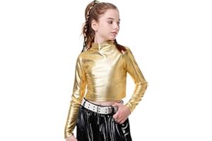 LOLANTA Metallic Dance Tops for Girls Long Sleeve Cropped Y2K Top Shiny Disco Streetwear Rave Party Festivals Costumes