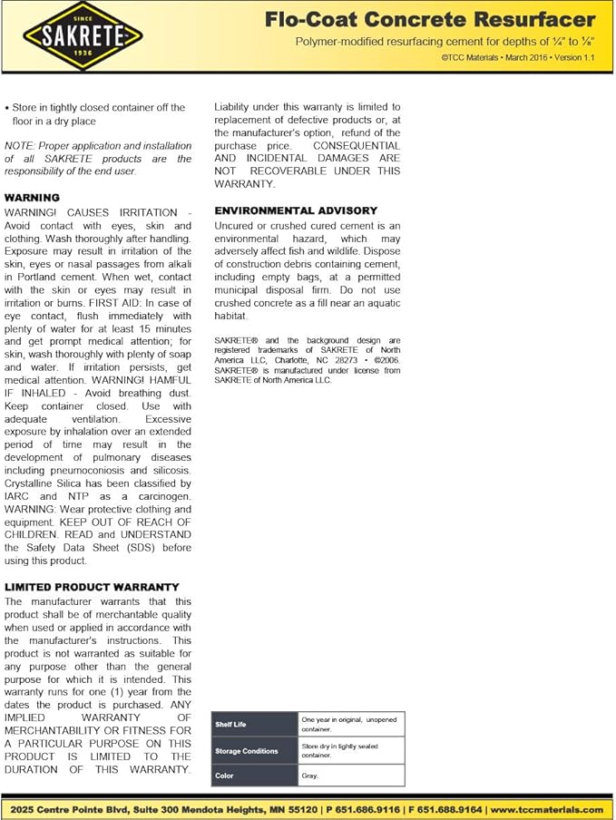 Sakrete Flo Coat Concrete Resurfacer 50 Lb Pail Amazon Com