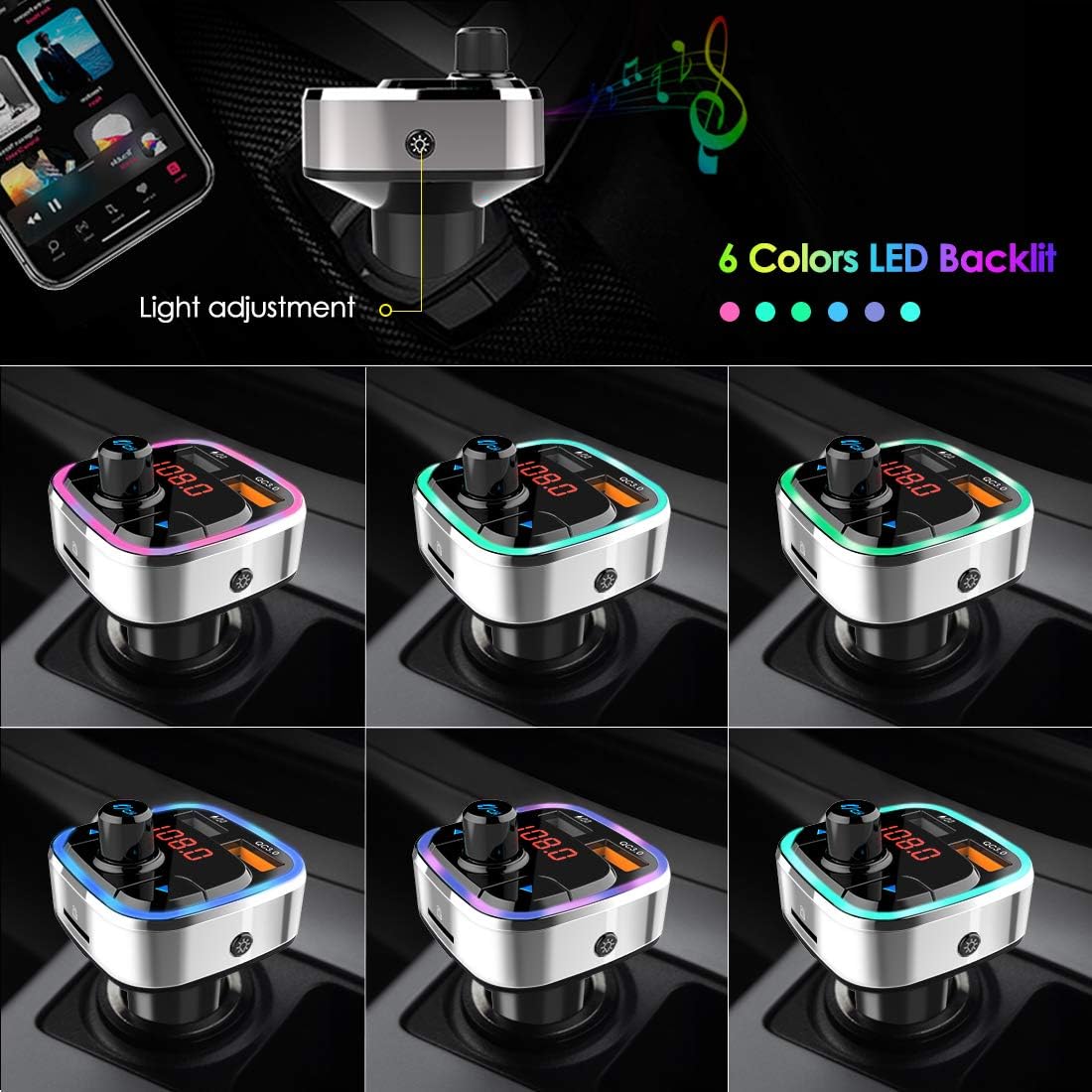 Bluetooth 5.0 Car FM Transmitter,QC3.0 Wireless Bluetooth Car Adapter Mp3 Music Player Car Kit with Hands-Free Calling and 2 USB Charge,LED Backlit,Play TF Card/USB for All Smartphones Audio Players: MP3 Players & Accessories