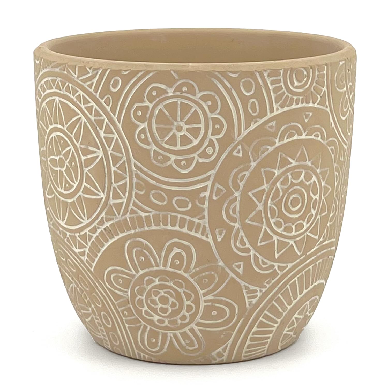 Vimin Box Beige Decorated Terracotta Pot | Diameter 13.5 cm | Indoor and Outdoor Plant Pot | Elegant Planter for Home, Garden, Balcony (1, M Beige)