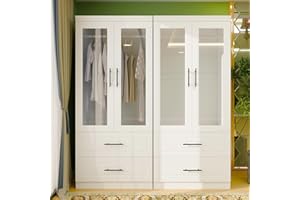 Keloyid Wooden Armoire Wardrobe Closet with Glass Door, Bedroom Armoire Storage Cabinet, 4 Door Modern White Armoire Wardrobe Closet with Hanging Rod for Bedroom