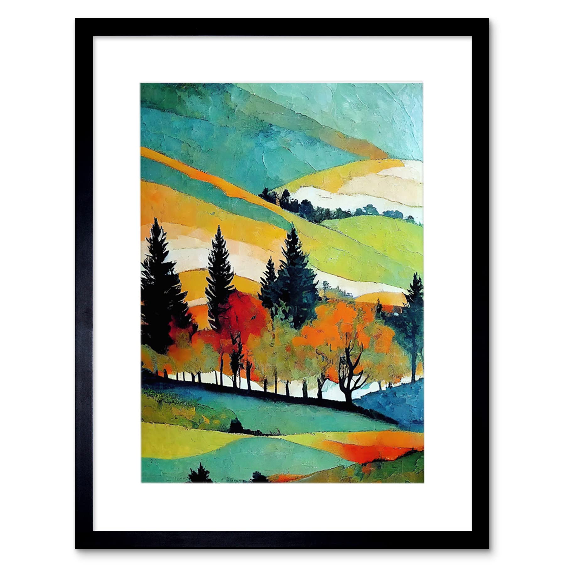 Wee Blue Coo Colourful Autumn Landscape Scotland Hillside Forest Oil Painting Artwork Framed Wall Art Print 12X16 Inch