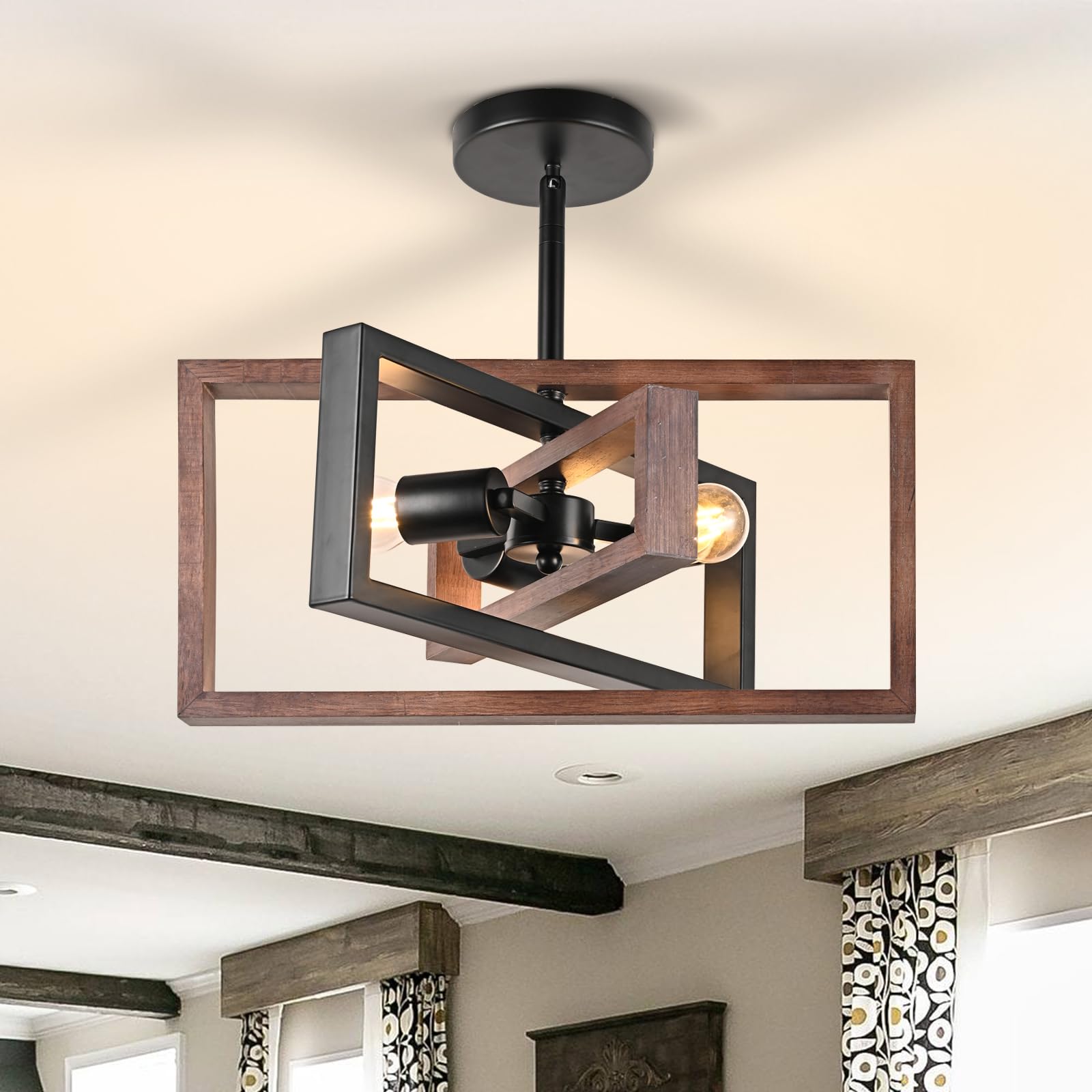 Photo 1 of HuisMier Farmhouse 3-Light Flush Mount Ceiling Light Fixture Rustic Metal and Wood Chandelier Retro Close to Ceiling Lighting for Kitchen Entryway Hallway Bedroom Dining Room Living Room Foyer
